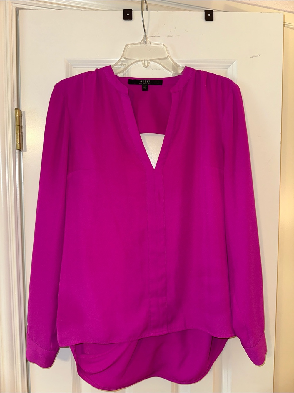 Guess Vibrant Fuchsia Long-Sleeve Split-Neck Blouse
